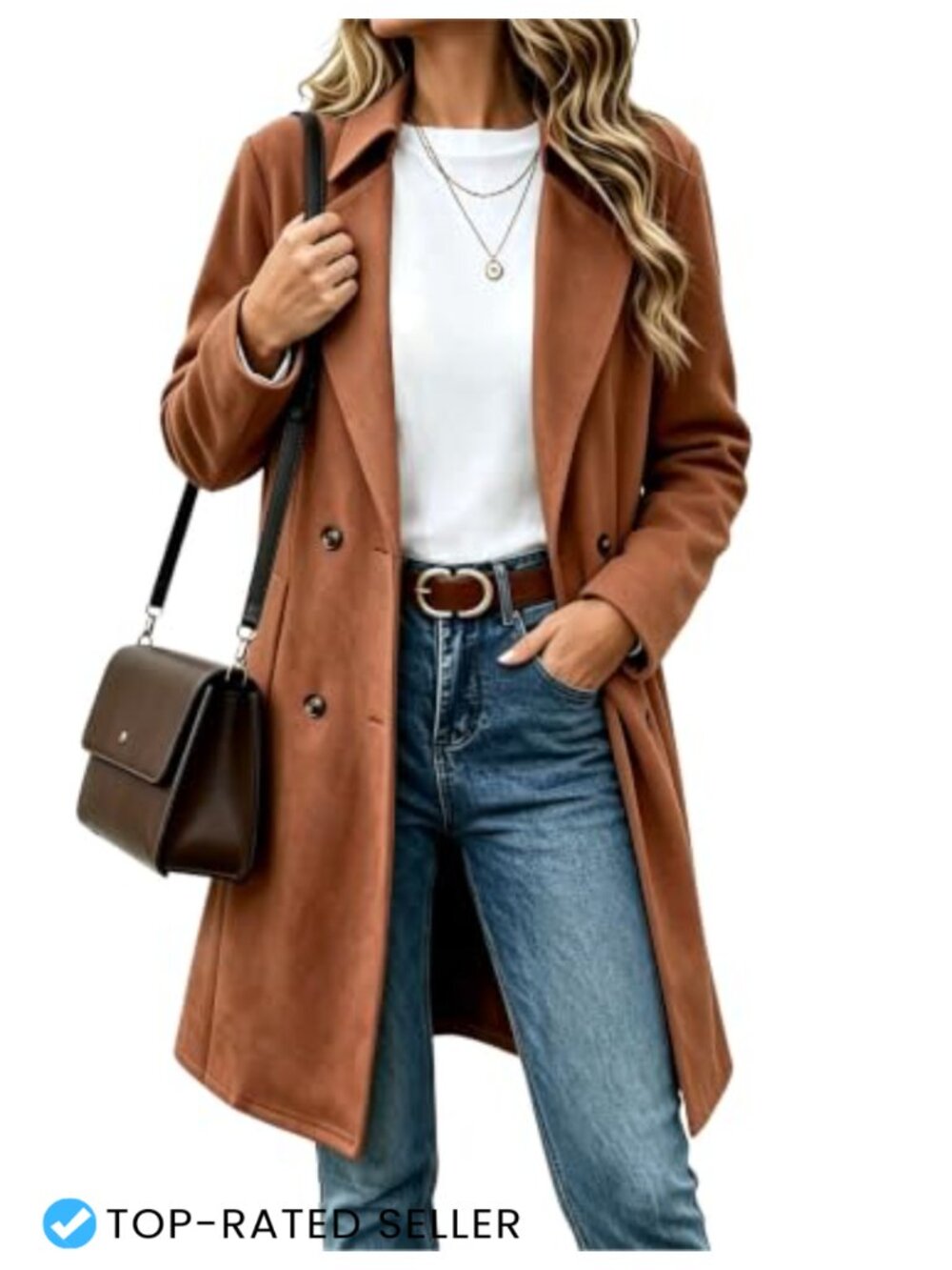 Faux Suede Leather Mid Long Trench Coat Pea Coat Double Breasted Business Casual